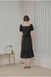 Off-Shoulder Cotton Poplin Midi Dress with Puff Sleeves and Flared Hem Detail